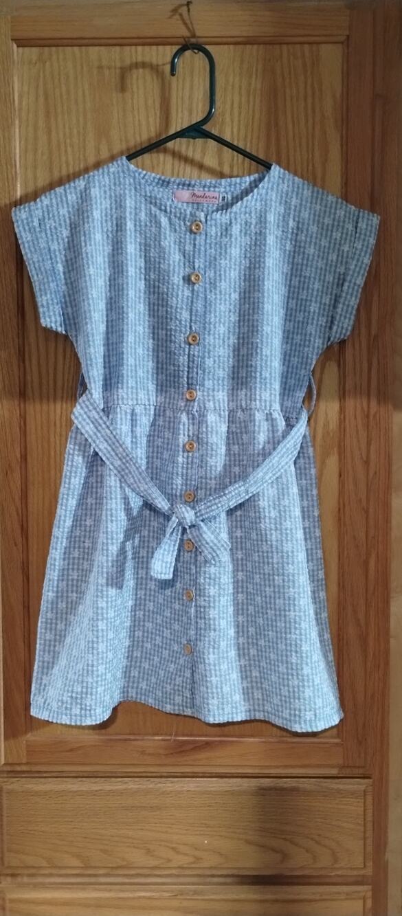 Mandarina Dulce Moda Seersucker Floral Gingham Dress Size EG Blue White Cotton